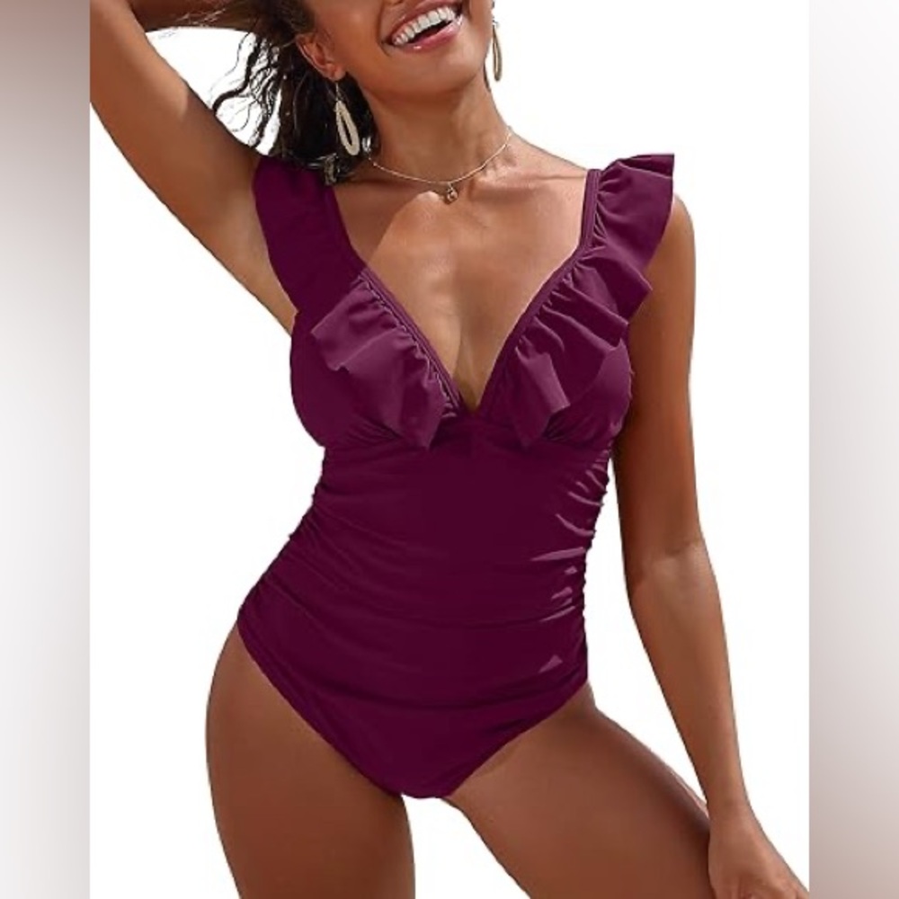 Sociala Ruched Tummy Control One Piece Ruffle Bathing/Swim Suit Fuchsia Red Sz M